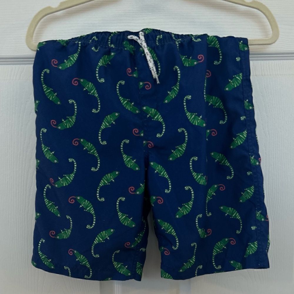 Lands End Swim boys 14-16 swim trunks blue with iguanas EUC with netting liner